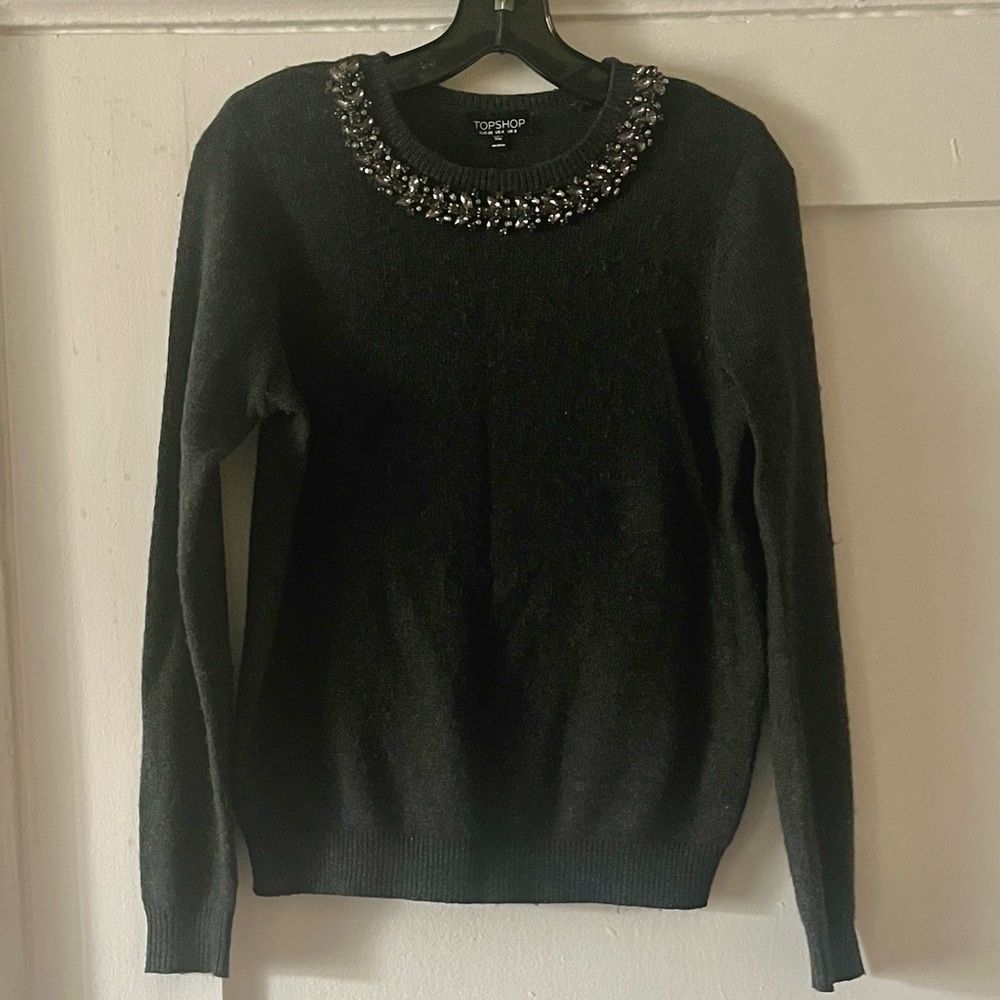 Topshop Dark Grey Sweater with Embellished Neckline